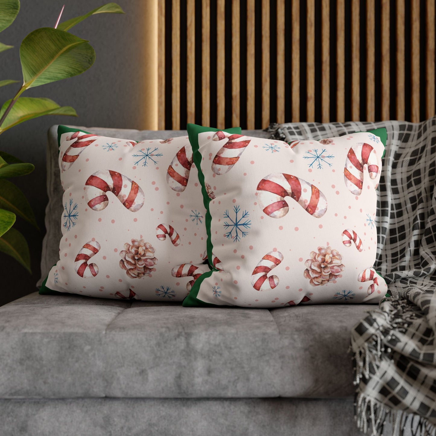 Candy Cane Pattern Faux Suede Pillowcase | Holiday Pinecones & Snowflakes - The Businezz Angel