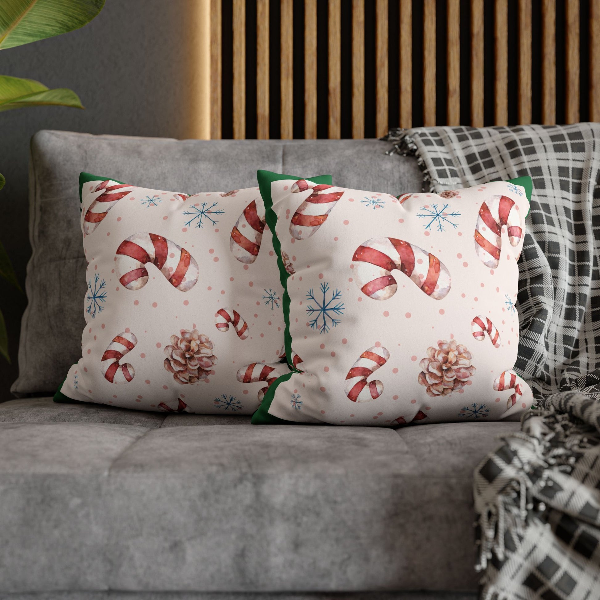 Candy Cane Pattern Faux Suede Pillowcase | Holiday Pinecones & Snowflakes - The Businezz Angel