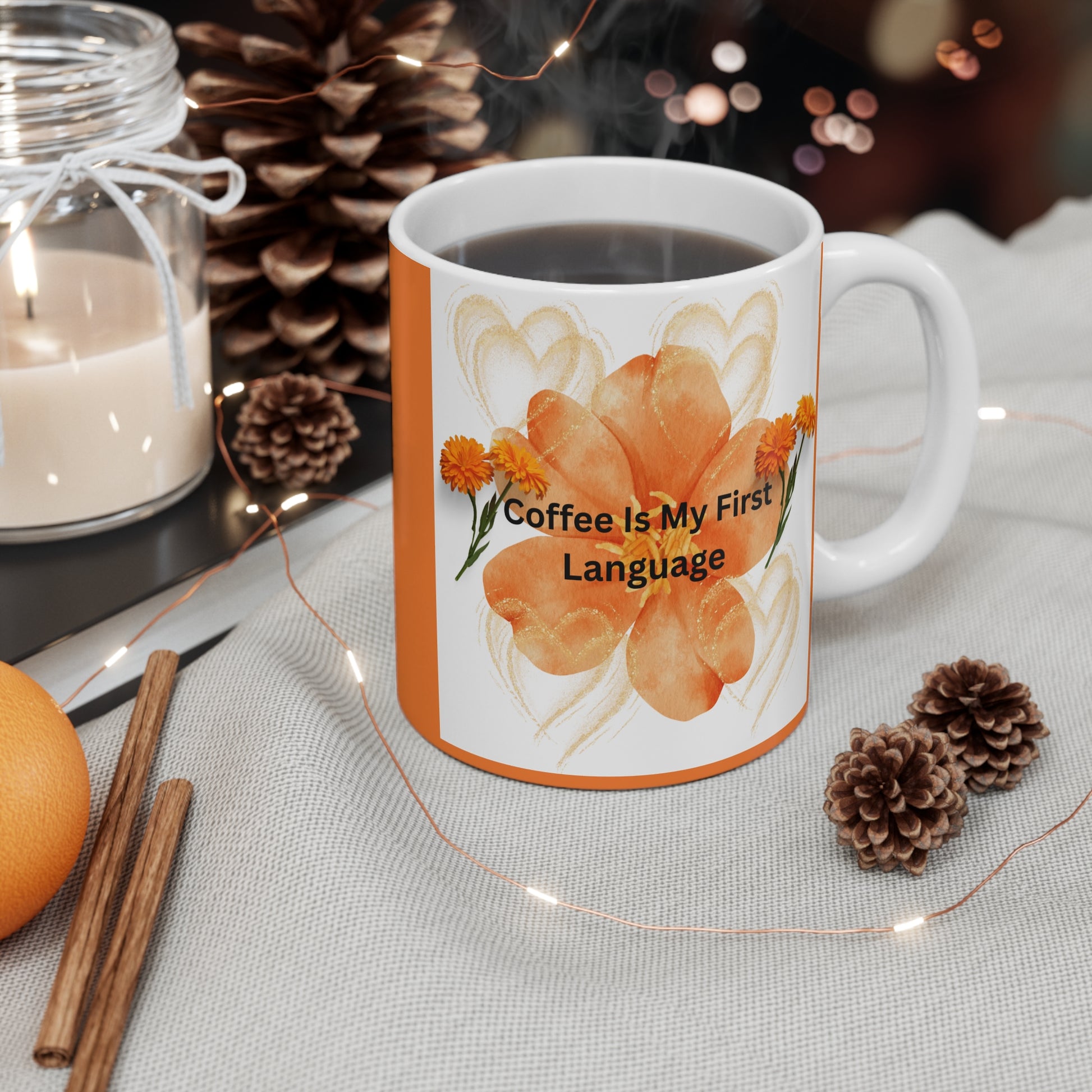 Coffee Lover's Mug, Floral Coffee Mug, Gift for Coffee Enthusiasts, Orange Flower Mug, Cute Drinking Mug - The Businezz Angel
