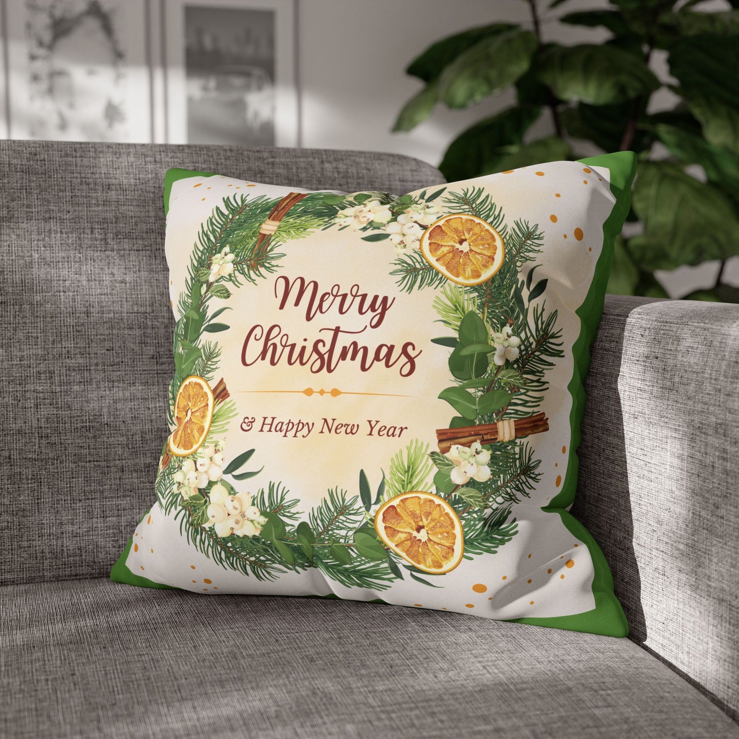 Merry Christmas Wreath Pillowcase Faux Suede Square Pillowcase | Holiday Throw Pillow - The Businezz Angel