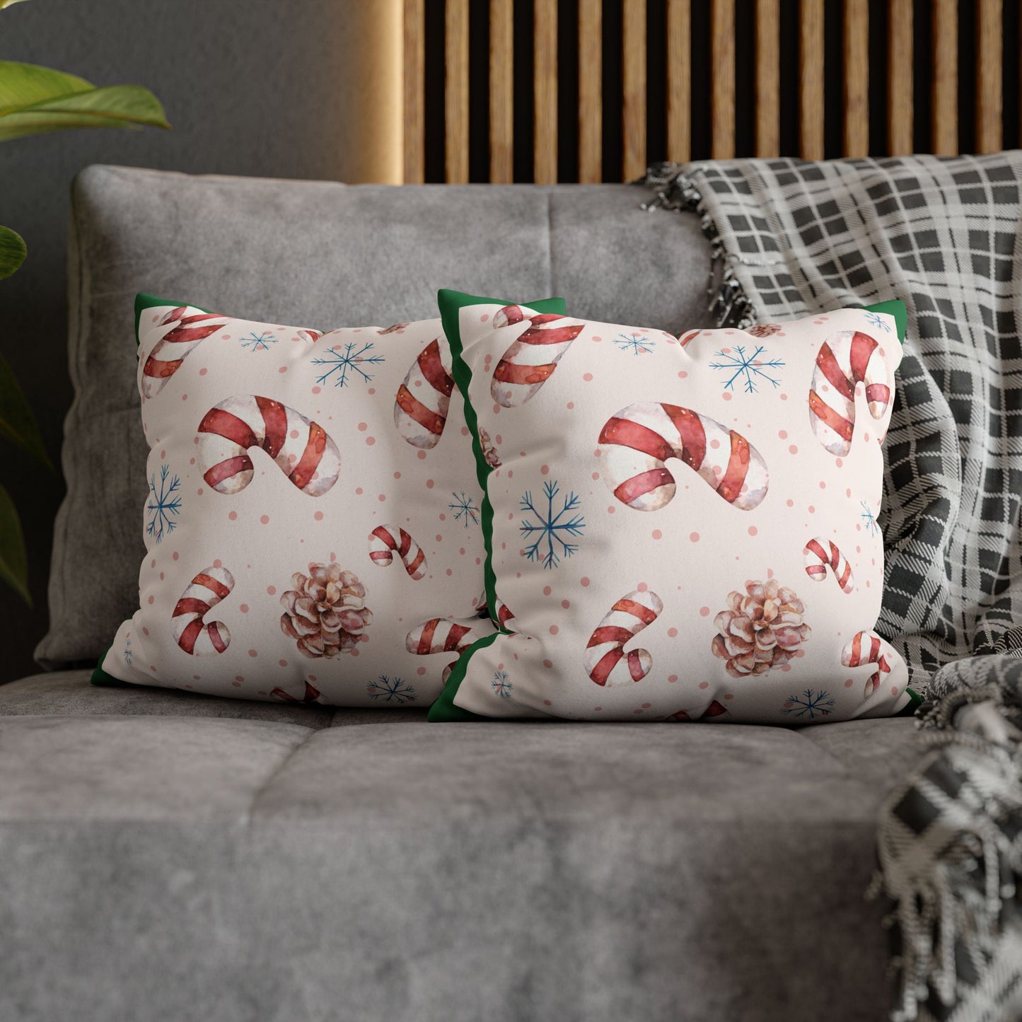 Candy Cane Pattern Faux Suede Pillowcase | Holiday Pinecones & Snowflakes - The Businezz Angel