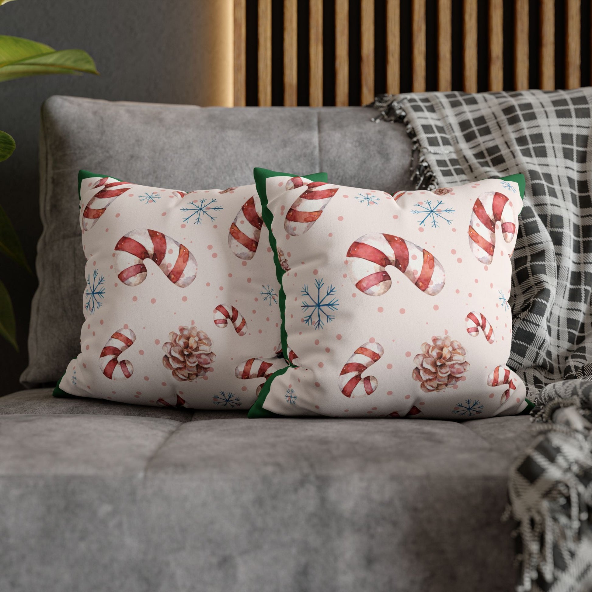 Candy Cane Pattern Faux Suede Pillowcase | Holiday Pinecones & Snowflakes - The Businezz Angel